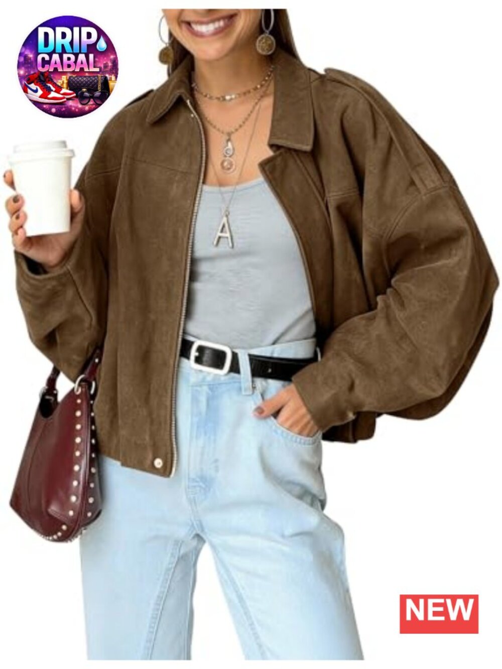 Faux Suede Bomber Jacket Oversized Cropped Batwing Sleeve Zip Casual Coat
